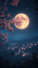 Wall Mural - a large, full moon hangs in the night sky, illuminating a small village nestled in the hills. the mo