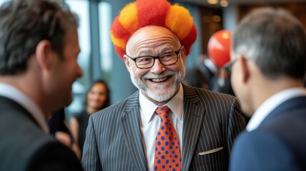 Canvas Print - A man with a red and orange wig, glasses and suit, AI