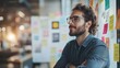 © CStock - Entrepreneur brainstorming in a vibrant workspace with sticky notes and artistic posters on the wall, combining creative thinking with business planning
