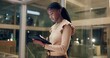 © peopleimages.com - Tablet, office and black woman research at night, proofreading article or email publisher for update. Technology, creative startup or person on app for editing, review manuscript or business deadline