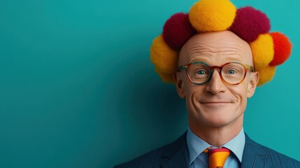 Poster - A man with a colorful wig on his head and glasses, AI