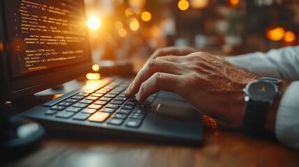 Close-up of hands typing on keyboard with code on screen