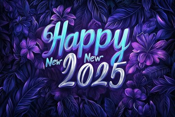 Happy New Year 2025 text with floral purple background