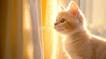 Canvas Print - A small kitten looking up at the sun through a window, AI