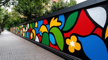 A lively abstract mural adorns a city wall, transforming it into an artistic masterpiece.