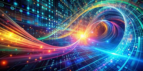 Vibrant colorful binary code streams swirl around abstract technological background showcasing software developer's computer script in futuristic coding landscape.
