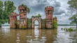 © Volodymyr Shcerbak - An abandoned European castle partially submerged in a river, surrounded by lush greenery and floodwaters
