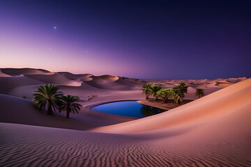 Desert Oasis at Twilight: A sprawling desert landscape with towering sand dunes, stretching as far as the eye can see