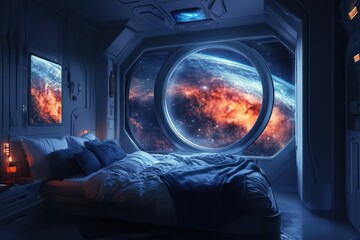 Wall Mural - A bedroom with a large window that shows a view of the stars and planets