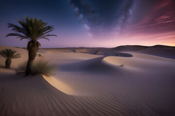 Desert Oasis at Twilight: A sprawling desert landscape with towering sand dunes, stretching as far as the eye can see