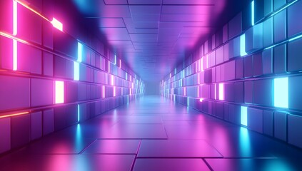 3D render, an abstract geometric background tunnel with neon blue and purple lights shining on the wall of blocks in. 