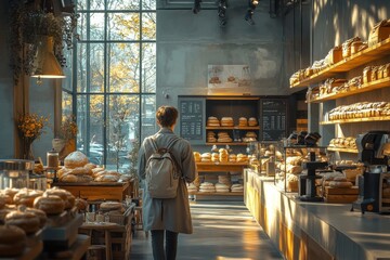 A person walks through a sunlit bakery filled with an array of freshly baked bread and pastries.