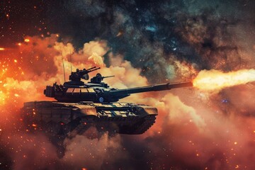 A tank fires its cannon amidst a fiery explosion and smoke, creating a powerful and dramatic scene.