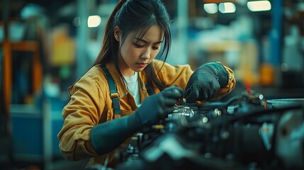 Female Mechanic Working on a Car Engine in a Garage