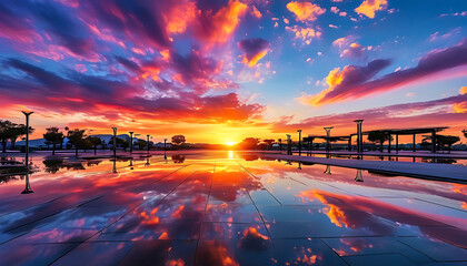 Wall Mural - Sunset glow reflects on the plaza, colorful clouds form a stunning scene