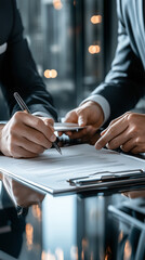 two businessmen are signing a contract to close a deal in a bright modern office