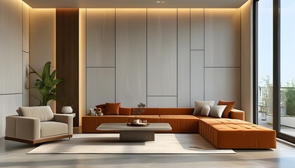 Wall Mural - Contemporary minimalist interior with sleek rectangular design, stylish walls, large window, cozy furnishings, and soft ambient lighting, creating an inviting atmosphere