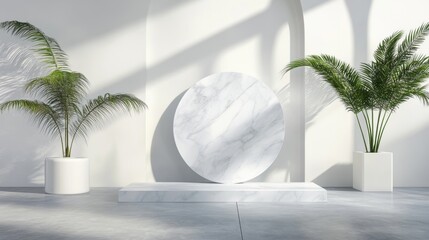 Wall Mural - soft shadows from palm leaves dance on a smooth marble circle, creating a peaceful ambiance in a min