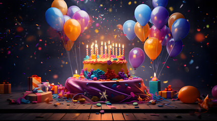 Joyful Celebration: A Festive Birthday Scenario with Cake, Balloons, and Gifts