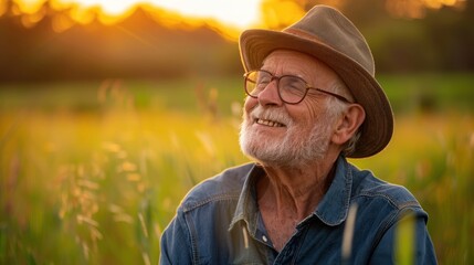 photograph of Portrait of a senior enjoying the morning field telephoto lens summer daylight cool color