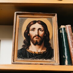 A framed painting of Jesus in a classic richly detailed library The room is filled with wooden shelves old books and vintage decor Soft lighting from a nearby lamp casts a warm glow on the painting gi