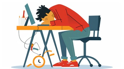 Cartoon office worker asleep at his desk against white background.
