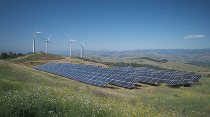 Wall Mural - Solar panels and wind turbines on hillside symbolize renewable energy and sustainability. This landscape showcases harmonious blend of technology and nature, promoting greener future