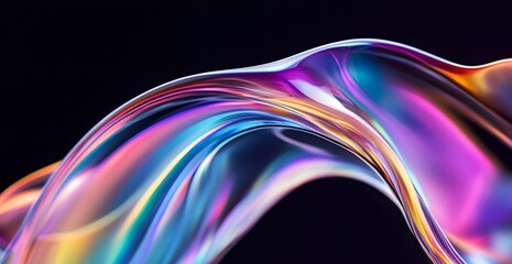 A close-up of the curved edges of an object, rendered iridescent colors against a black background. The focus is on the reflective and translucent quality of each curve, creati