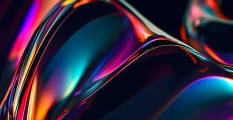 A close-up of the curved edges of an object, rendered iridescent colors against a black background. The focus is on the reflective and translucent quality of each curve, creati