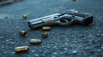 A pistol and shell casings lie on the asphalt, evidence of a crime