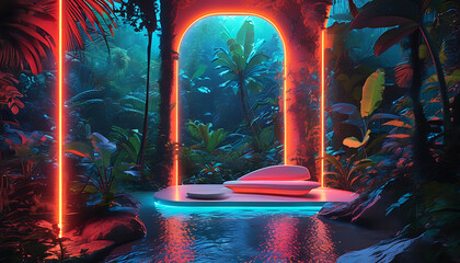 Sticker - Neon Light Scene in a Tropical Jungle with Futuristic Design