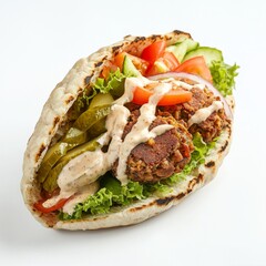 Wall Mural - One pita with falafel and tahini, pickled vegetables, salad