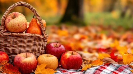 Wall Mural - A wicker basket filled with apples, pears, and pumpkins, placed on a plaid blanket in a field of autumn leaves, Thanksgiving harvest, fall season