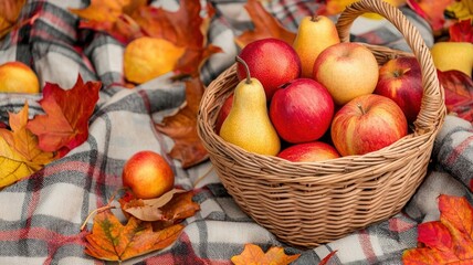 Wall Mural - A wicker basket filled with apples, pears, and pumpkins, placed on a plaid blanket in a field of autumn leaves, Thanksgiving harvest, fall season