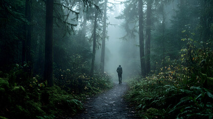 Wall Mural - person walking through a misty, rain-soaked forest trail, with droplets falling softly from the cano