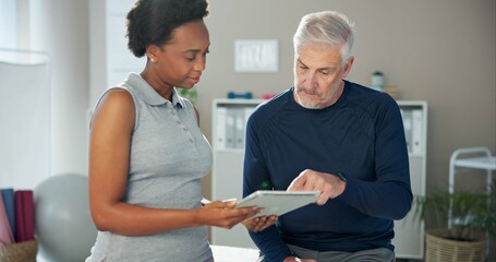 Canvas Print - Woman, physiotherapist and patient with tablet for medical history, diagnosis or appointment check in at clinic. Female person, orthopedic and senior man with technology for visit at private practice