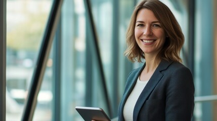 Portrait of a smiling businesswoman wearing a formal suit, holding a touchpad with a modern office background,