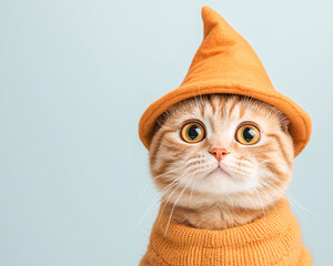 A cat wearing a hat and a sweater is staring at the camera. The cat's eyes are wide open, and it is looking at the viewer. The hat and sweater give the cat a cute and playful appearance