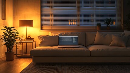 Wall Mural - Laptop in a modern living room with dim lighting, space for text 