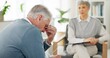© Nina2024/peopleimages.com - Therapist, client and senior people in office, conversation and sad with emotional reaction. Psychologist, old person and medical with professional, healthcare and depression with stress and anxiety