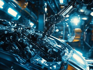 Wall Mural - A robotic arm meticulously assembles car engine parts in a bustling factory environment, with bright industrial lights illuminating the shiny metal surfaces