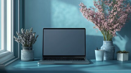 Canvas Print - Laptop on a desk with artistic decorations, blank area for text