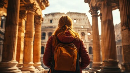 Woman traveling alone exploring a historical city with ancient architecture