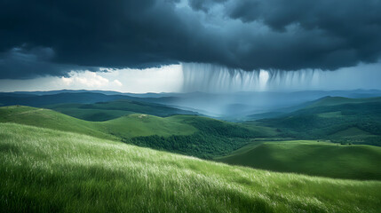 Wall Mural - rainstorm rolling over green hills, with dark clouds and streaks of rain in the distance