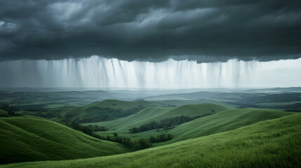 Wall Mural - rainstorm rolling over green hills, with dark clouds and streaks of rain in the distance