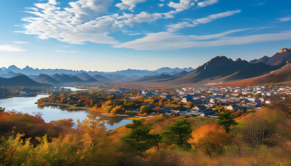 Sticker - Autumn scenery in Chengde valley, natural beauty of a quiet town.