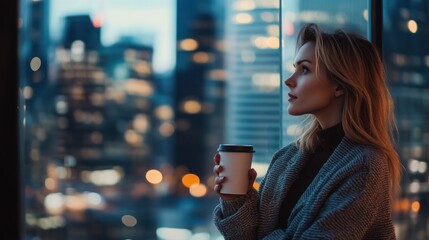 Young professional woman holding a coffee cup, looking out of a high-rise office window, with the city skyline blurred in the background