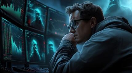 A man in glasses looking at a computer screen with multiple screens, AI