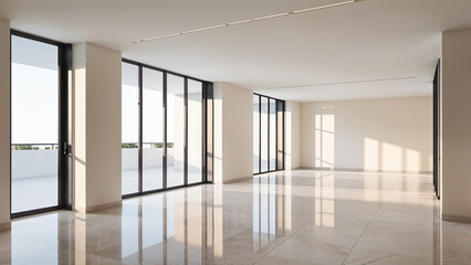 Classical empty room interior 3d render,The rooms have wooden floors and gray walls , window looking out to the nature view.