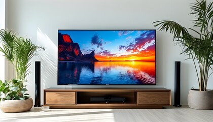 Wall Mural - Dynamic TV Program Set Against Fresh White Background with Large Display Monitor